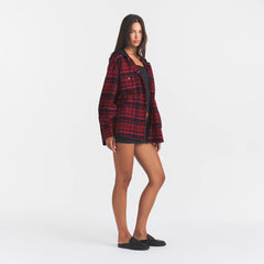 OUTDOOR FLANNEL OVERSIZED HOODED SHIRT | MERLOT CABIN PLAID