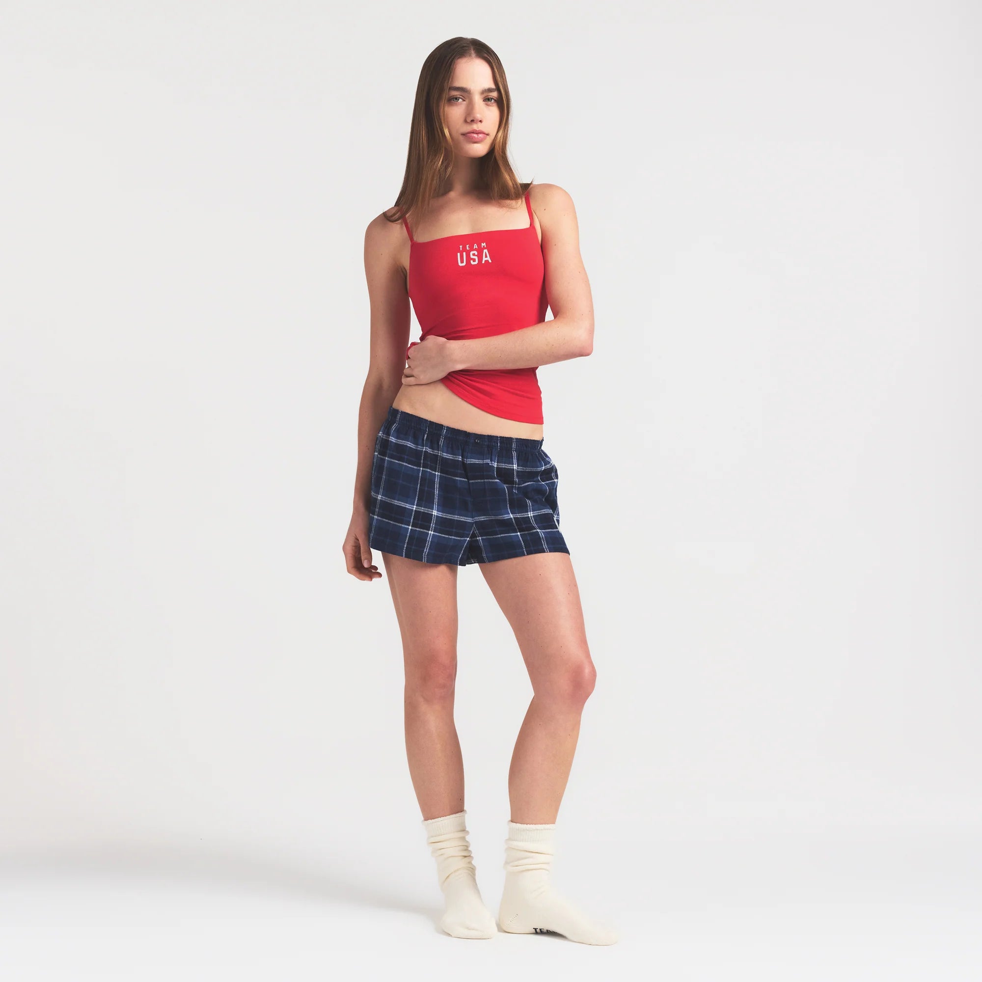 SKIMS FOR TEAM USA FLANNEL SLEEP OLYMPIC SHORT | NAVY PLAID