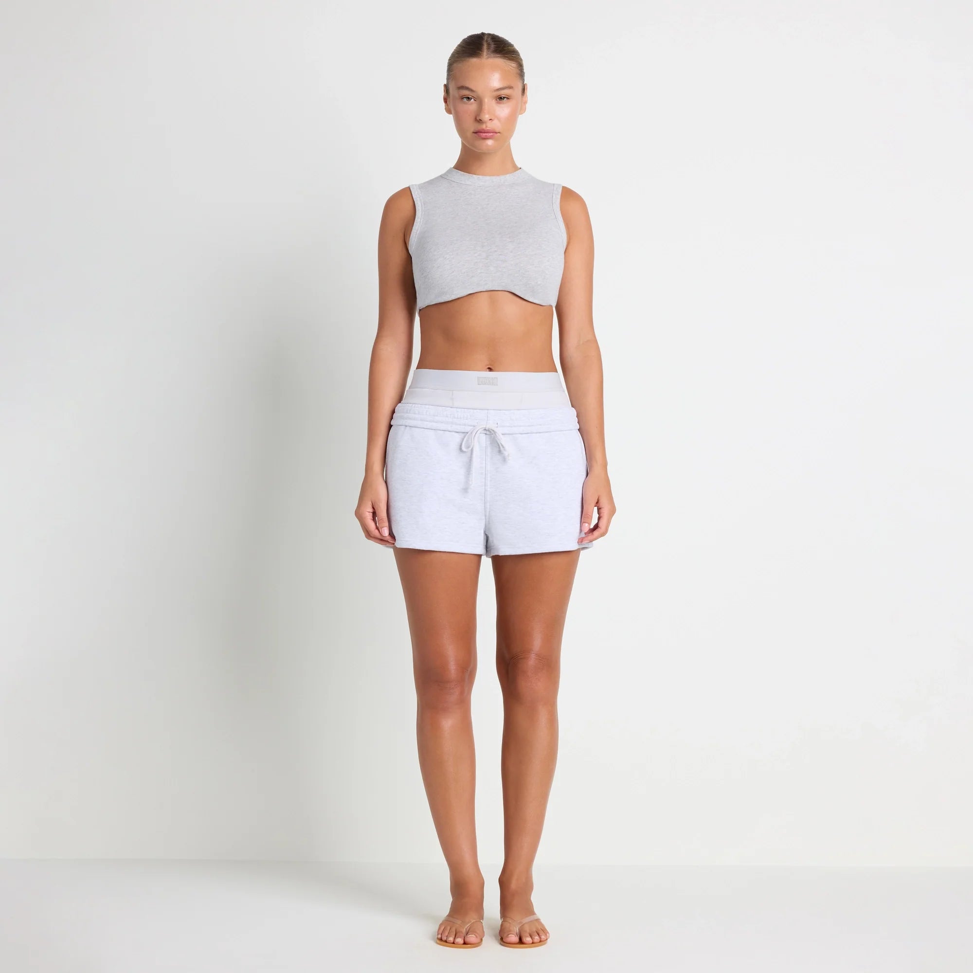 COTTON FLEECE DOUBLE WAISTBAND SHORT | LIGHT HEATHER GREY
