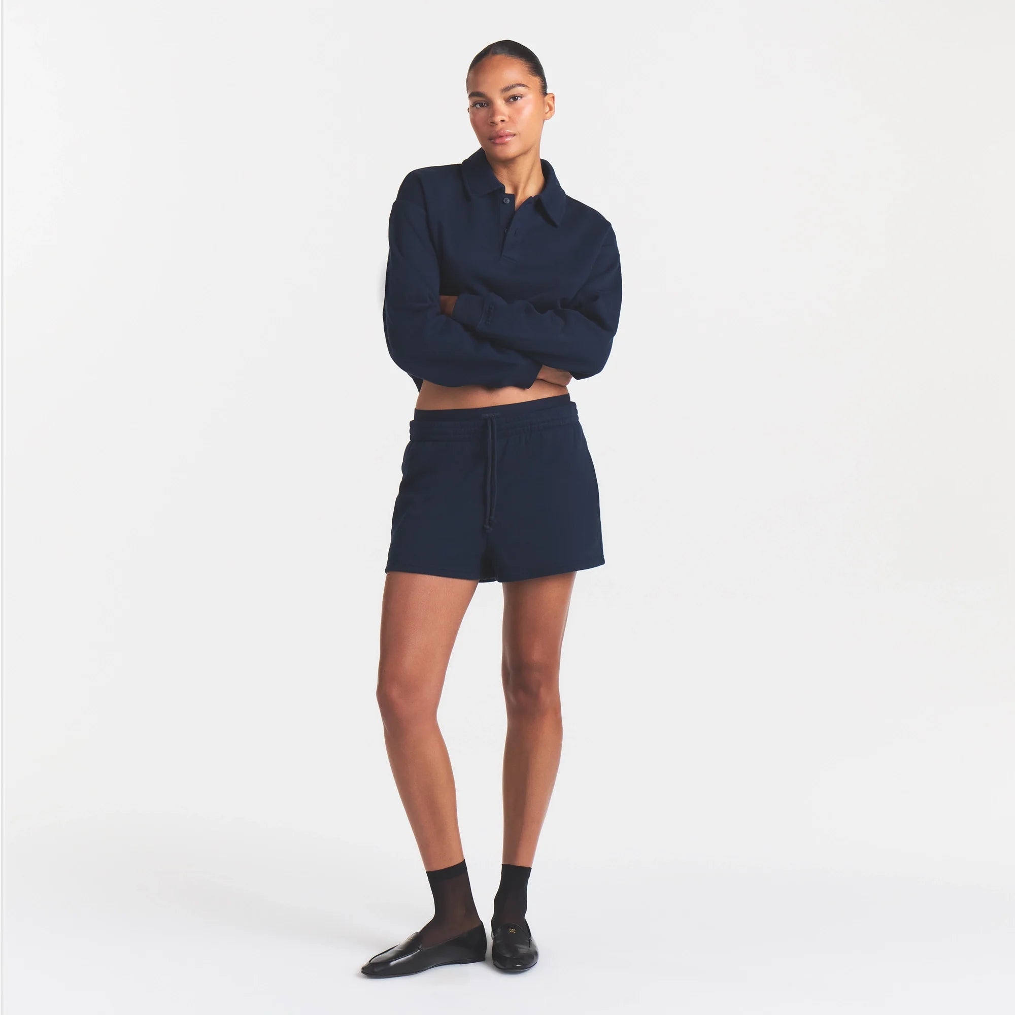 COTTON FLEECE DOUBLE WAISTBAND SHORT | NAVY
