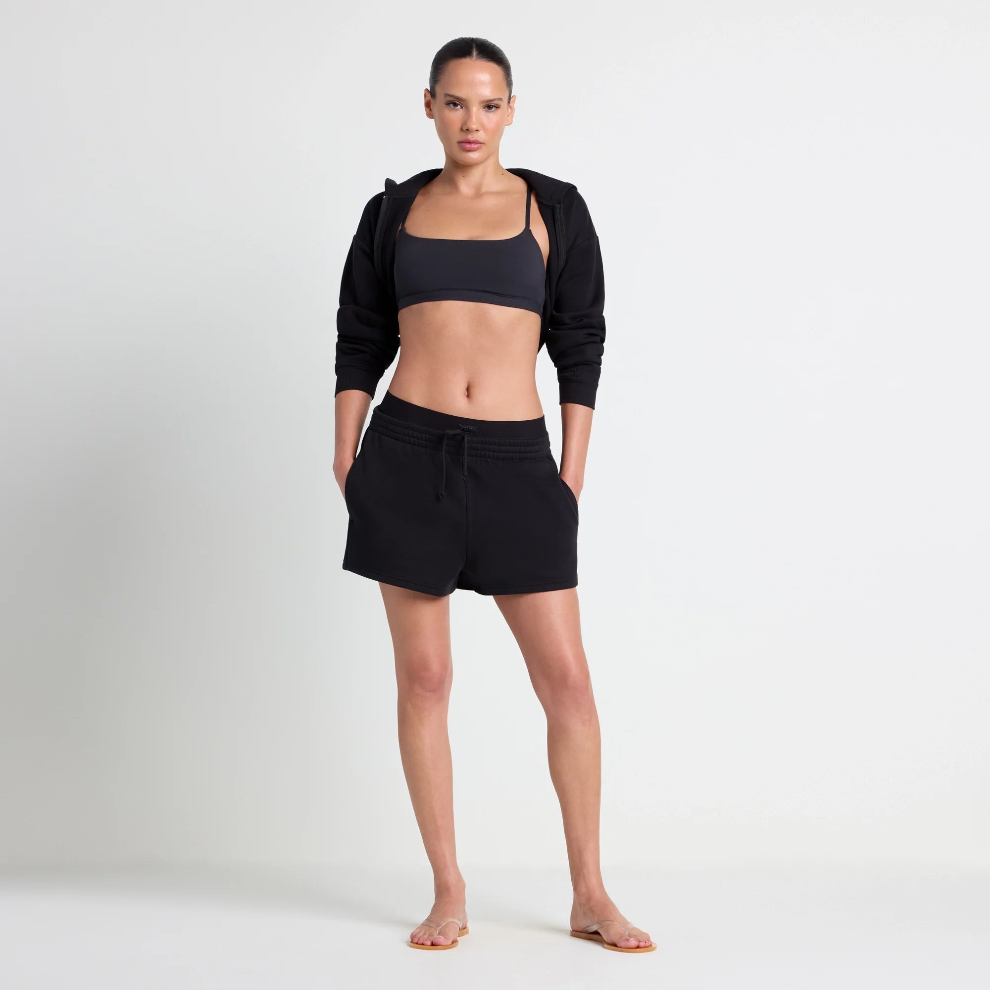 COTTON FLEECE DOUBLE WAISTBAND SHORT | ONYX