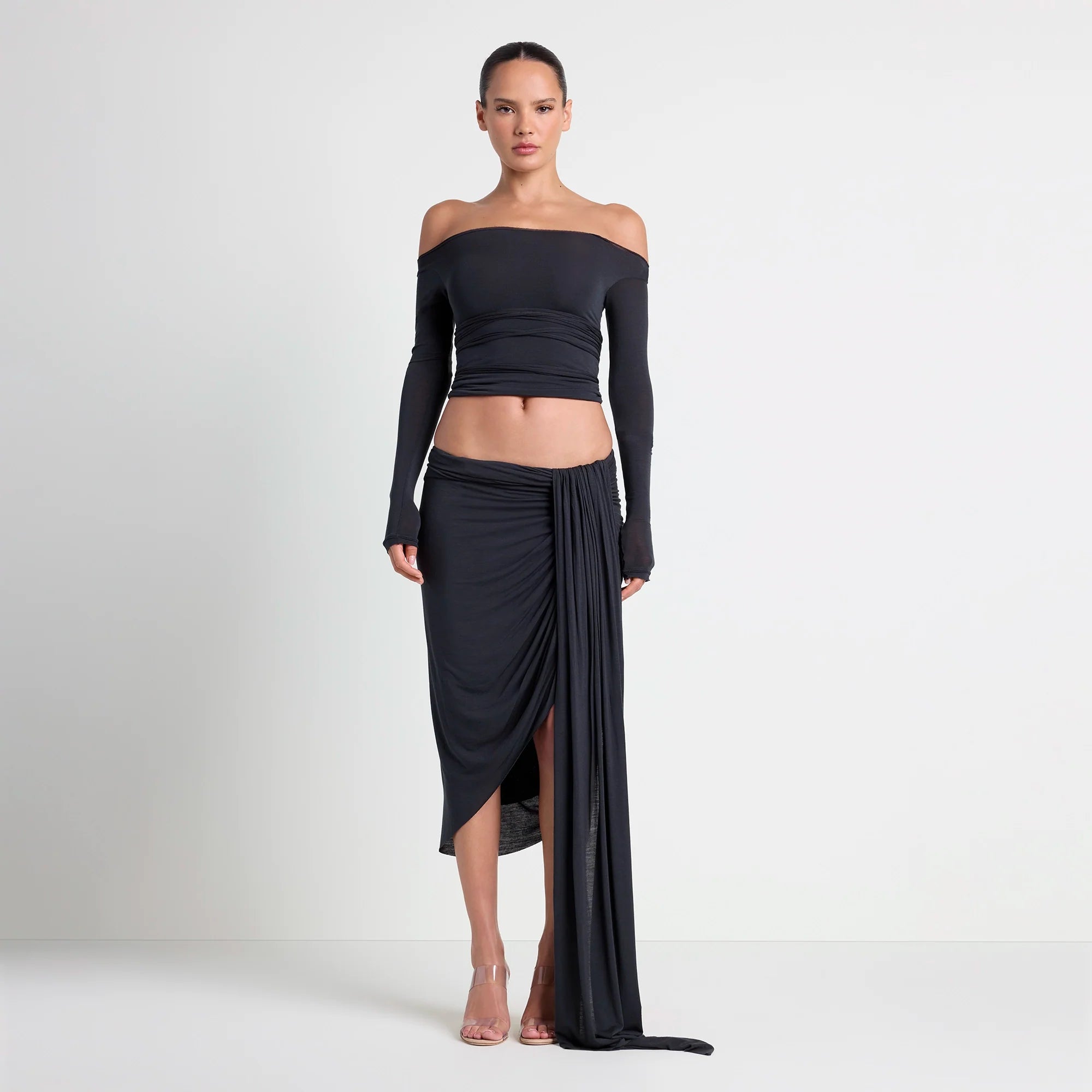VETTESE X SKIMS SHEER MODAL DRAPED MIDI SKIRT | ONYX