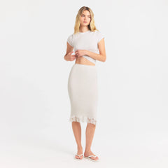RIB KNIT LACE MIDI SKIRT | EGRET