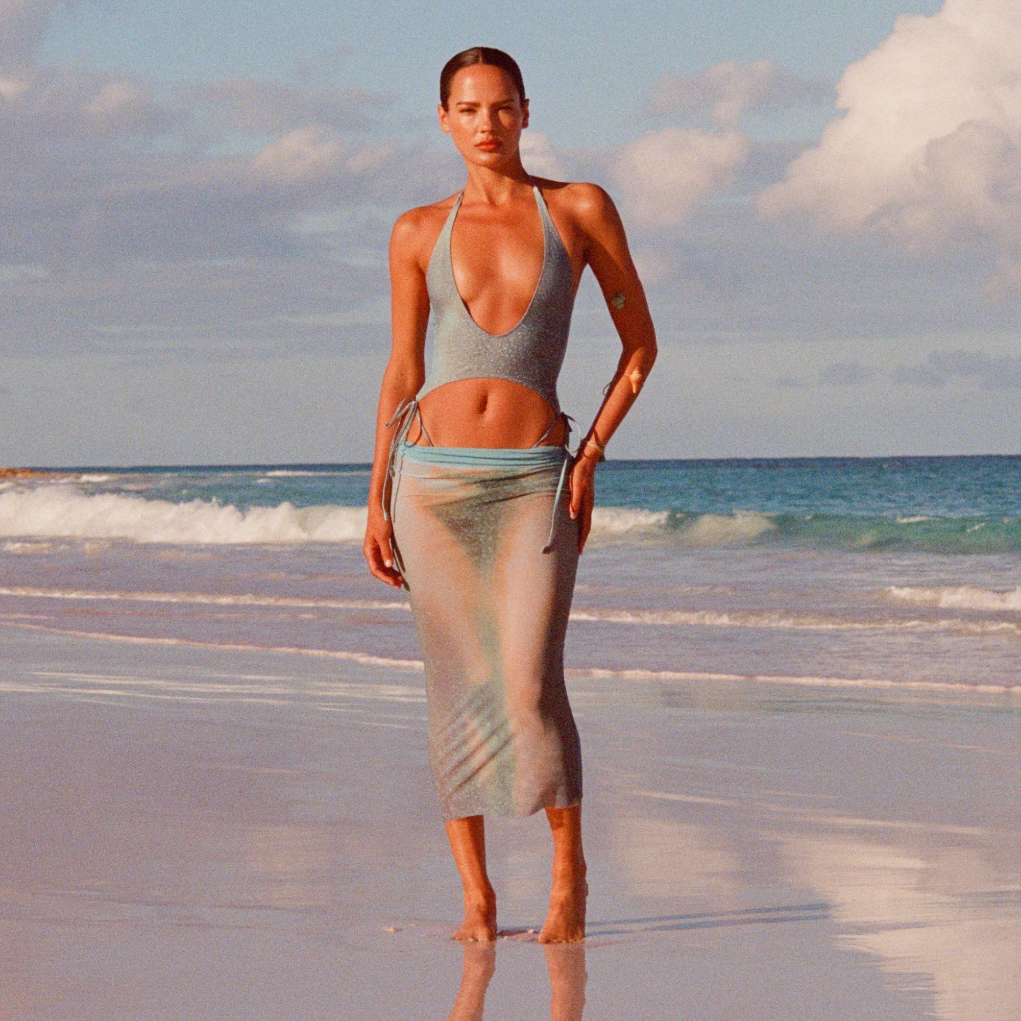 MESH COVER-UPS MIDI SKIRT | CYAN FK BODY PRINT