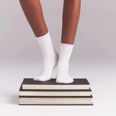 SKIMS SOCKS RIBBED QUARTER CREW LOGO SOCK | SNOW AND CHERRY BLOSSOM