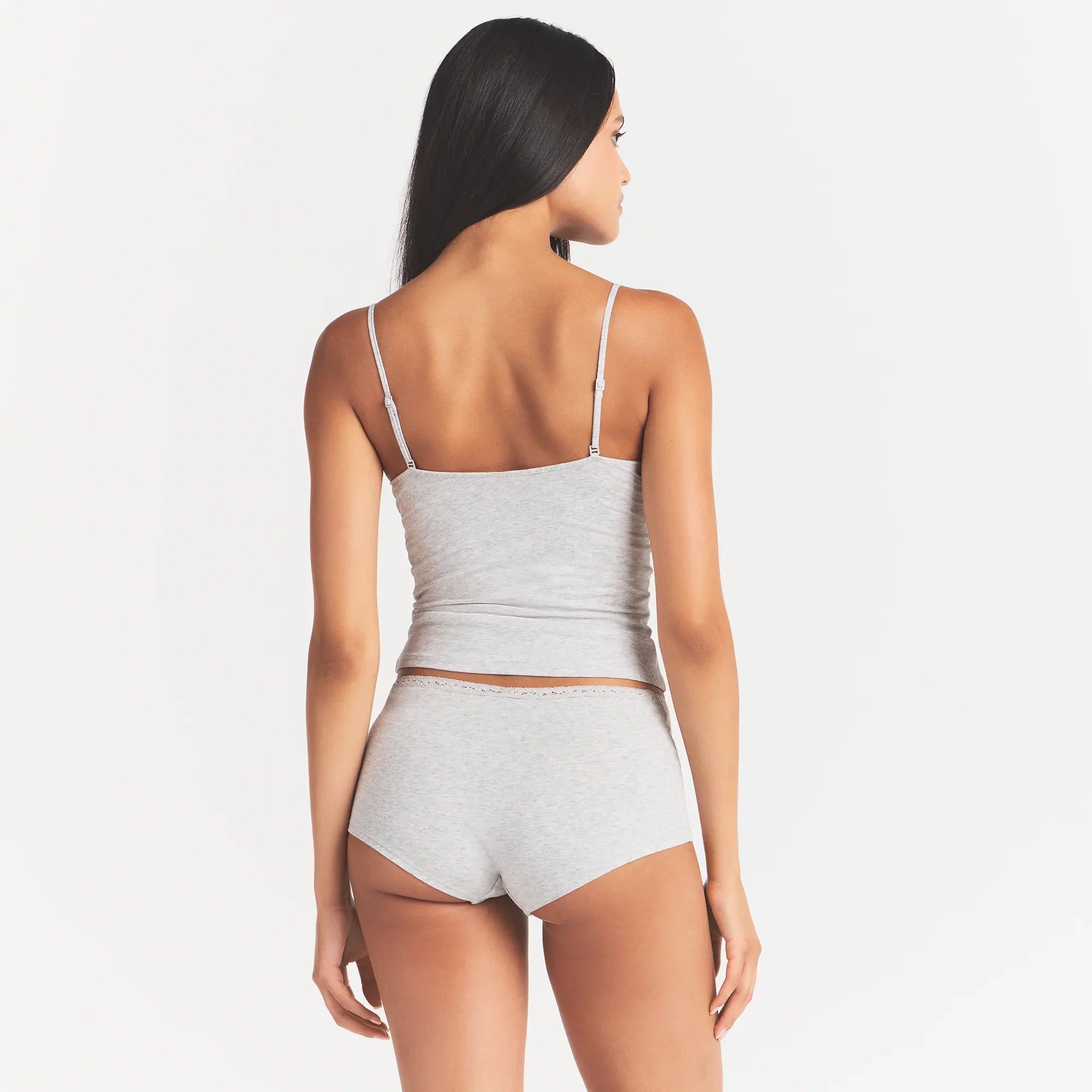 LIGHTWEIGHT COTTON LACE CAMI AND BOY SHORT SET | LIGHT HEATHER GREY
