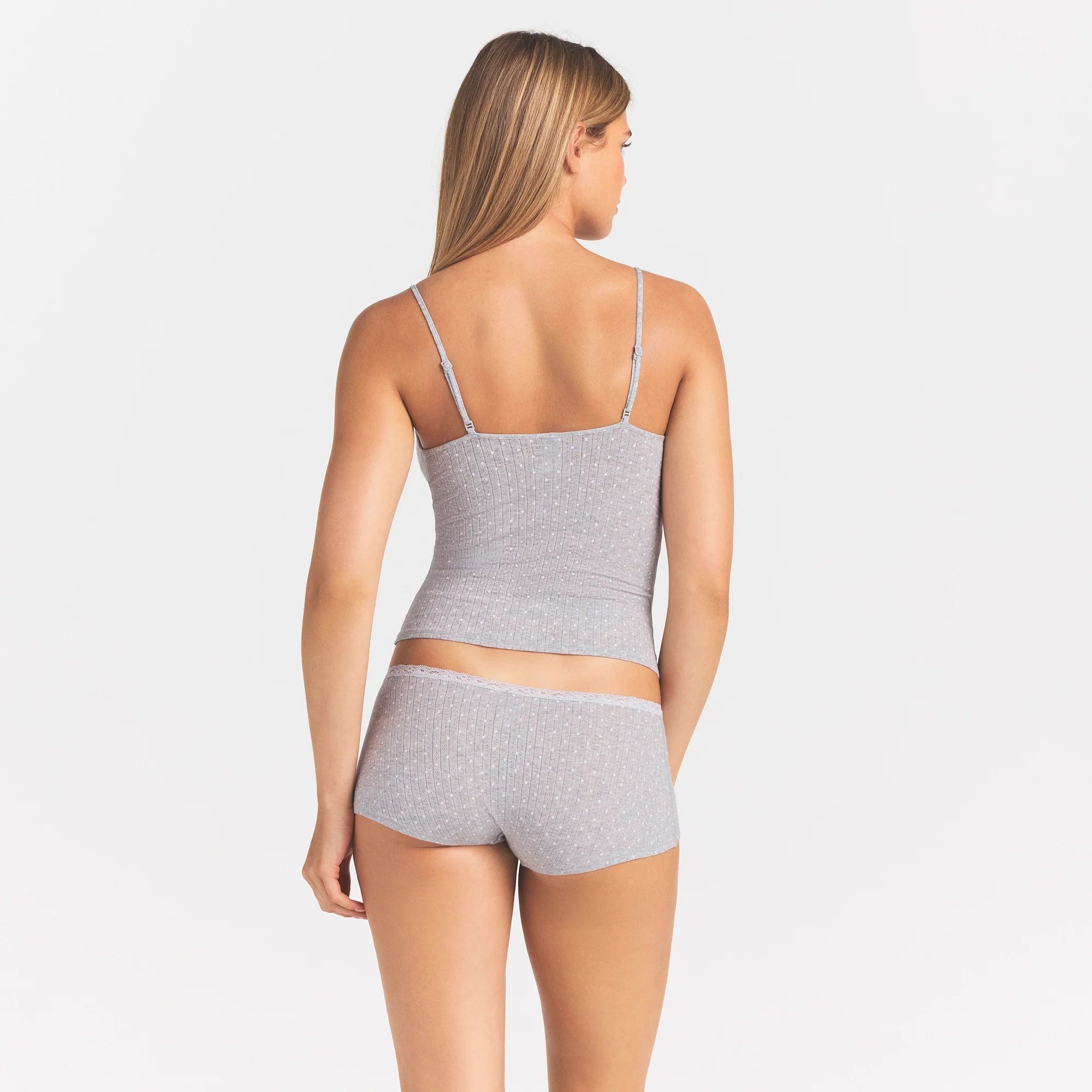 LIGHTWEIGHT COTTON POINTELLE LACE CAMI AND BOY SHORT SET | LIGHT HEATHER GREY PIN DOT