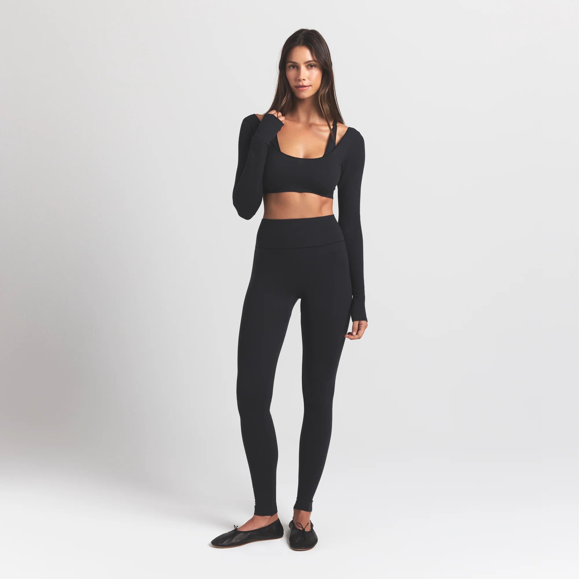 WOOL RIB LONG SLEEVE SUPER CROPPED TOP | OBSIDIAN