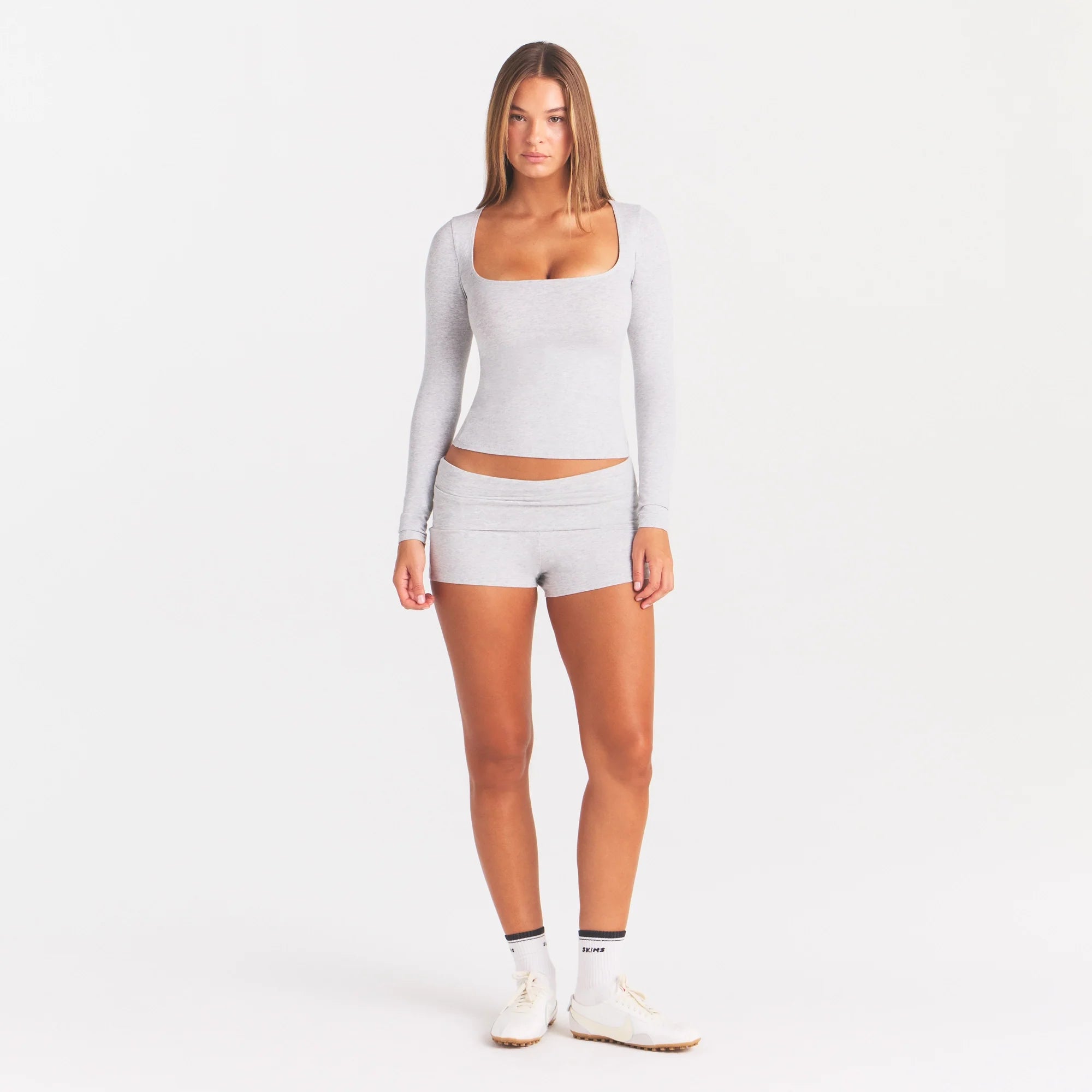 COTTON JERSEY SCOOP NECK LONG SLEEVE TOP | LIGHT HEATHER GREY