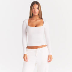 COTTON JERSEY SCOOP NECK LONG SLEEVE TOP | MARBLE