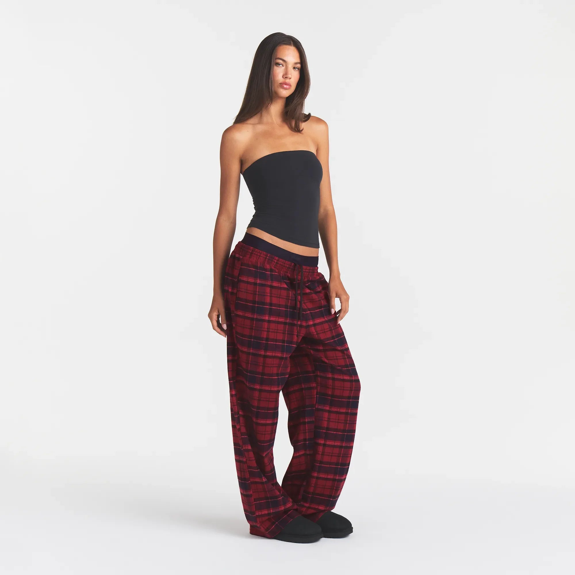 OUTDOOR FLANNEL OVERSIZED DOUBLE WAISTBAND PANT | MERLOT CABIN PLAID