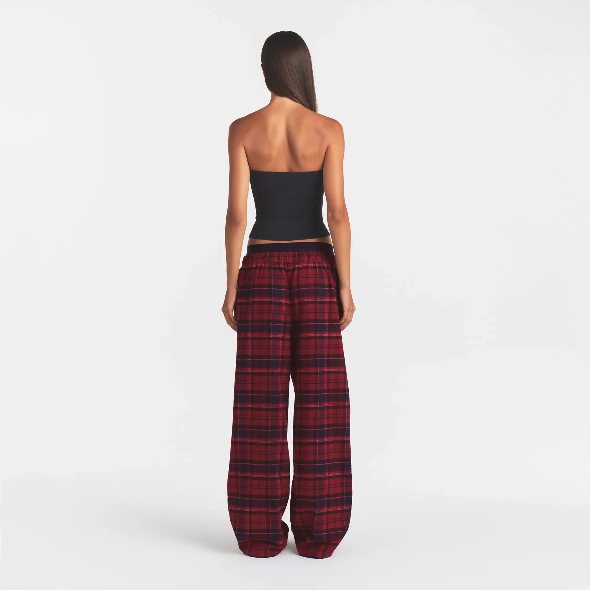 OUTDOOR FLANNEL OVERSIZED DOUBLE WAISTBAND PANT | MERLOT CABIN PLAID