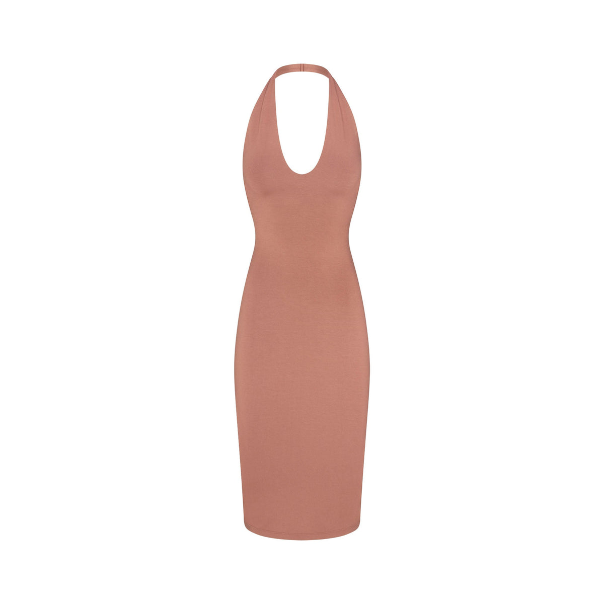 SMOOTH LAYERS PLUNGE HALTER MIDI DRESS | NUTMEG