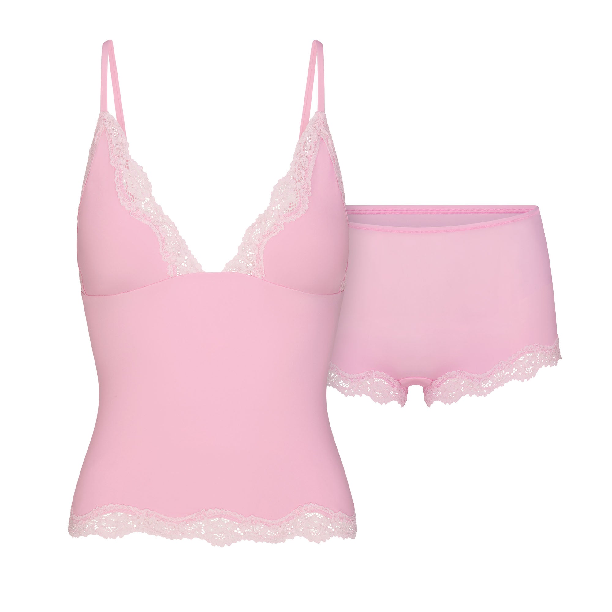 FITS EVERYBODY LACE TRIANGLE CAMI AND BOY SHORT SET | BUBBLE GUM TONAL