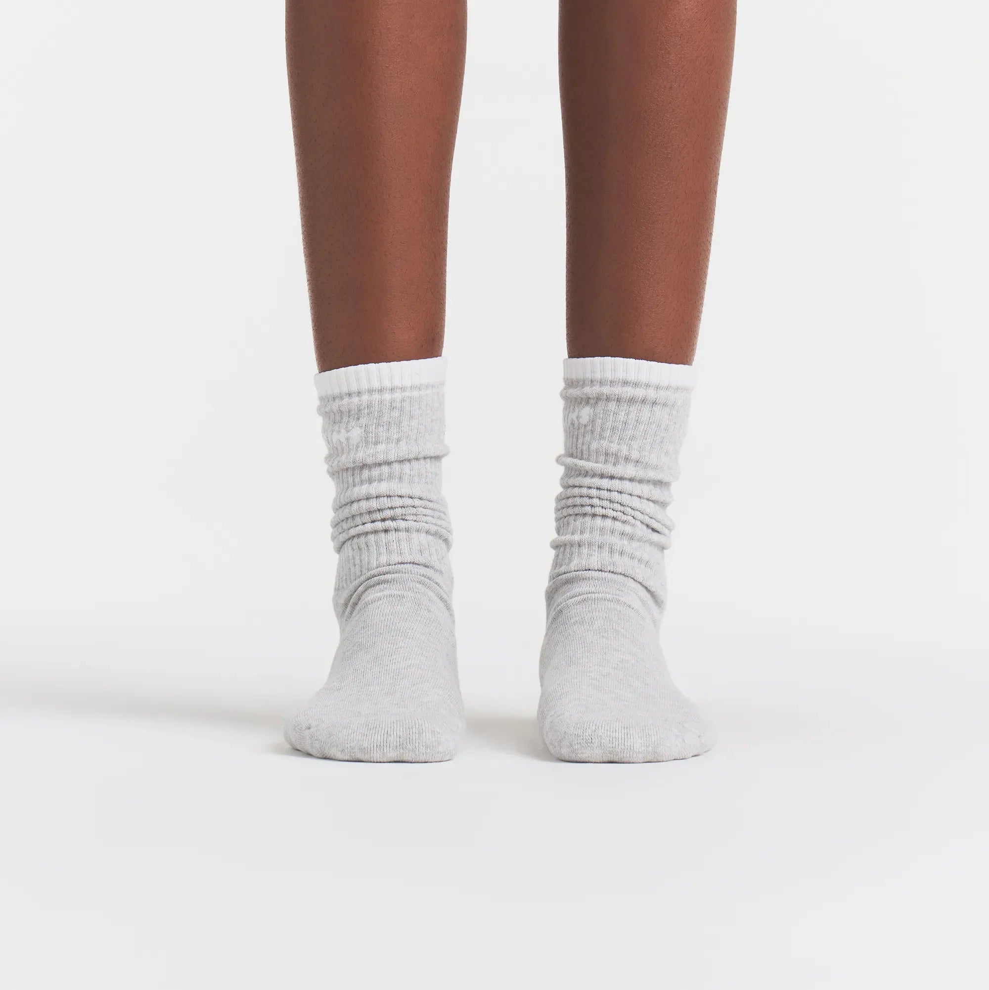 SKIMS SOCKS RIBBED CREW LOGO SOCK | LIGHT HEATHER GREY AND SNOW