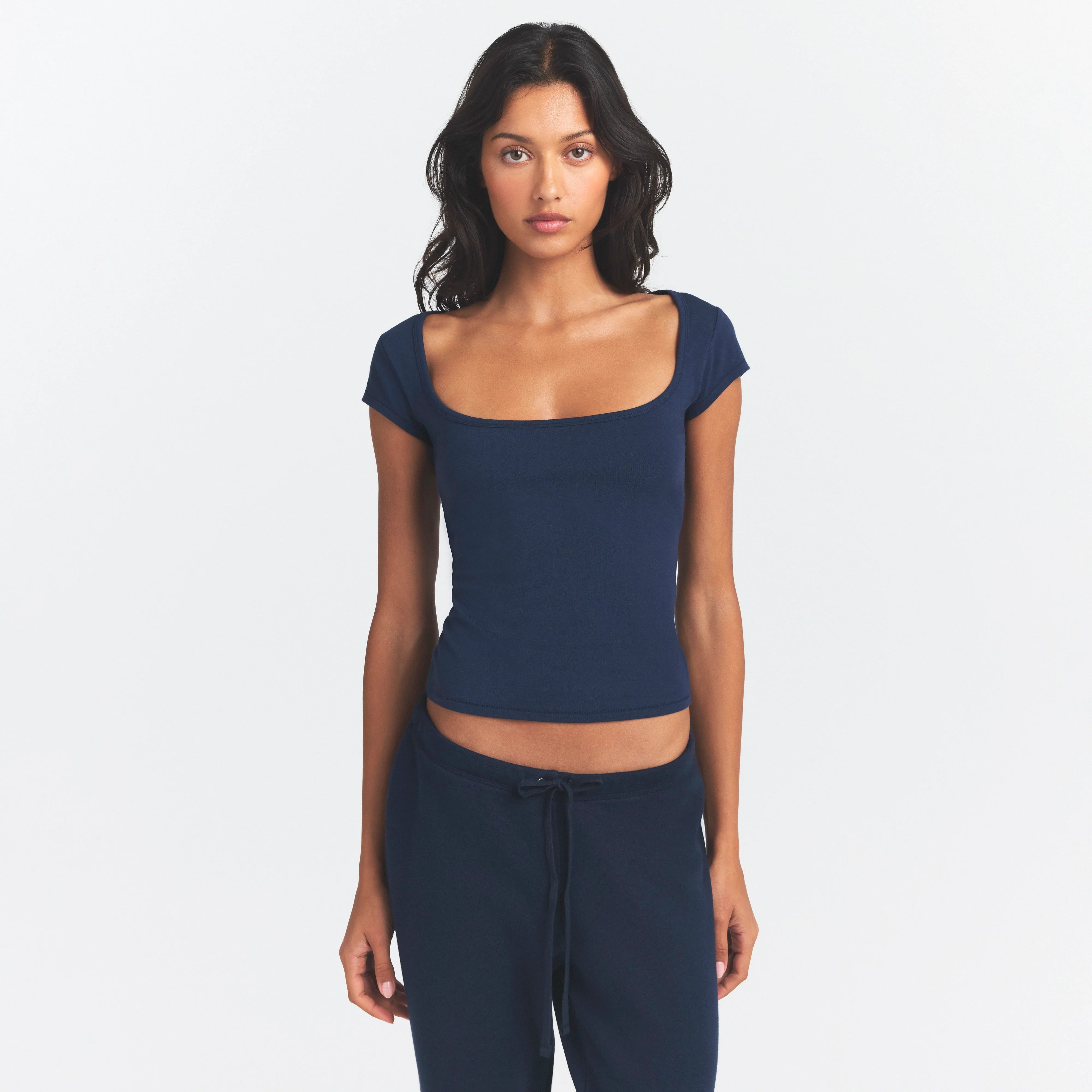COTTON JERSEY SCOOP NECK T-SHIRT | NAVY