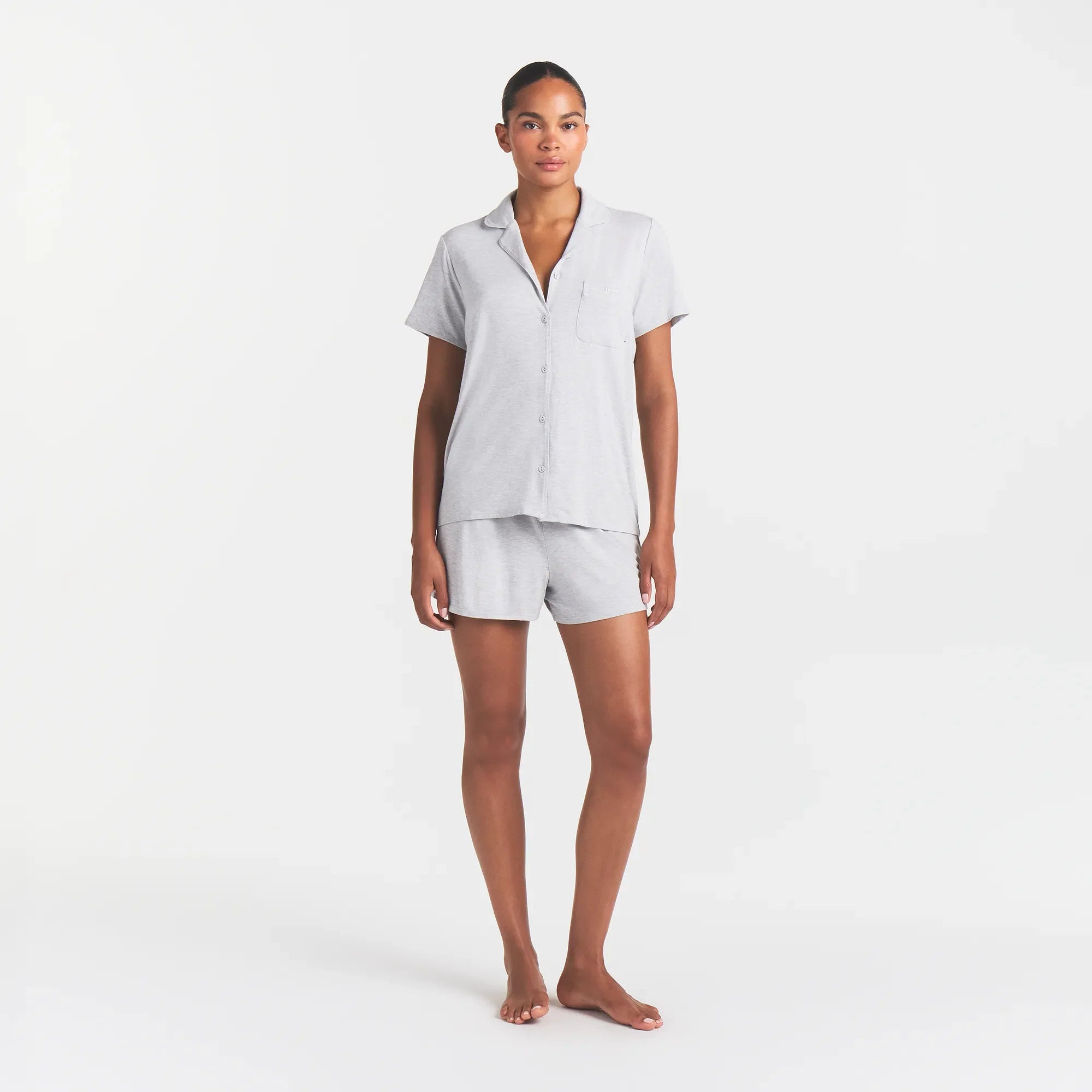 SKIMS SLEEP SHORT SLEEVE BUTTON UP SET | LIGHT HEATHER GREY