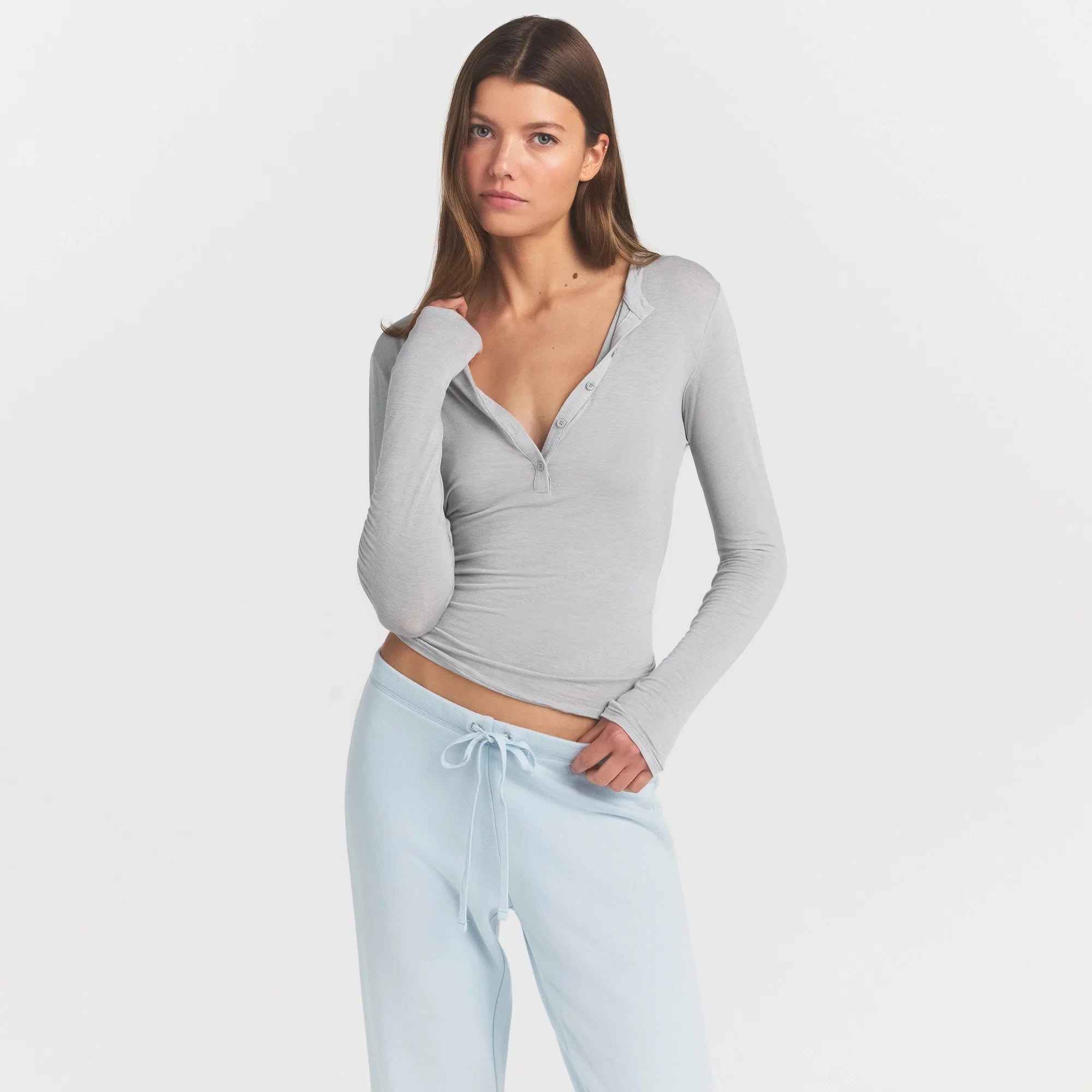 SHEER MODAL CREWNECK HENLEY | HEATHER GREY