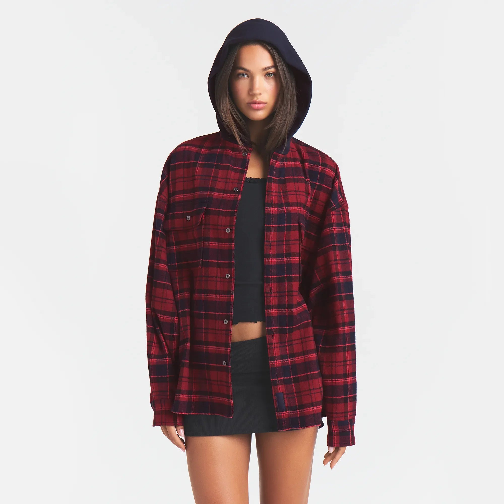 OUTDOOR FLANNEL OVERSIZED HOODED SHIRT | MERLOT CABIN PLAID