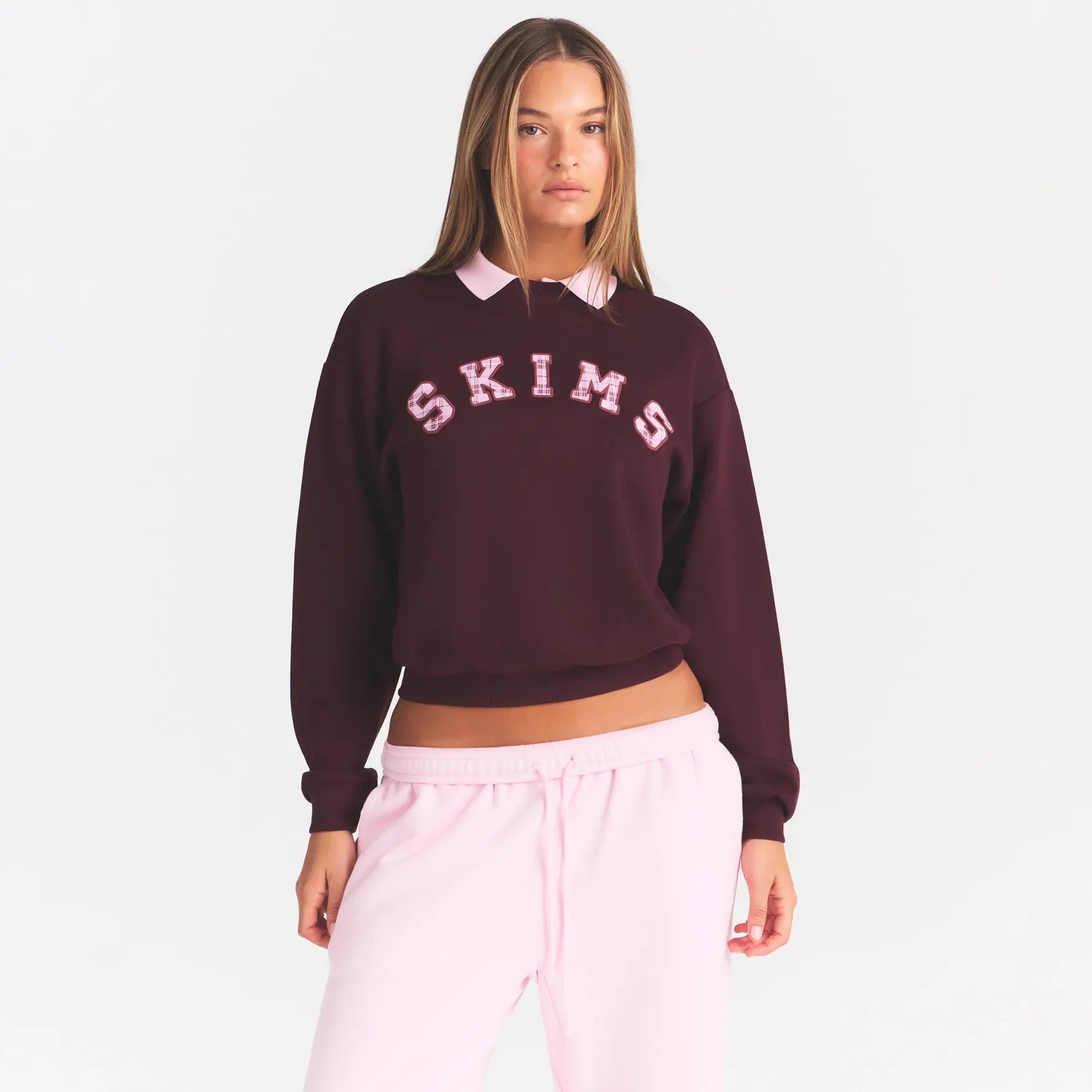 COTTON FLEECE CLASSIC CREWNECK | CURRANT ARCHED SKIMS PLAID
