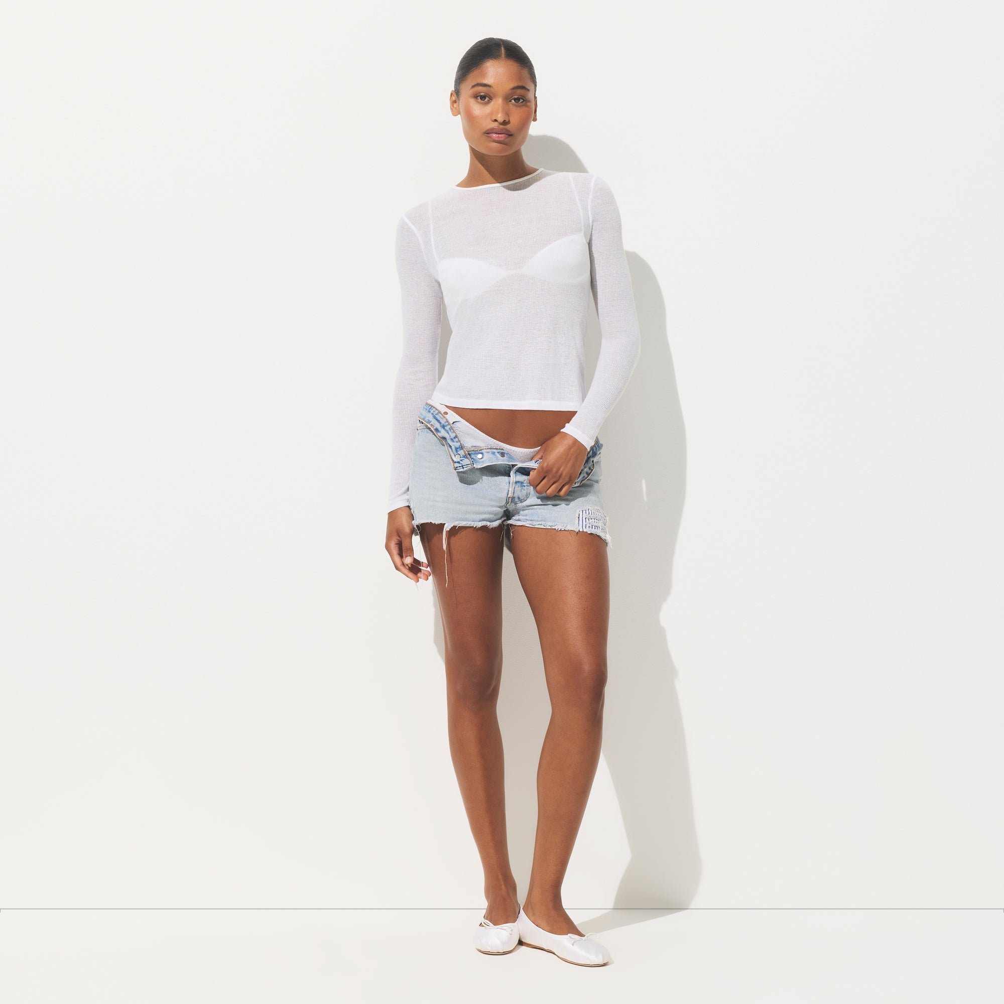 SHEER RIB LONG SLEEVE T-SHIRT | SNOW