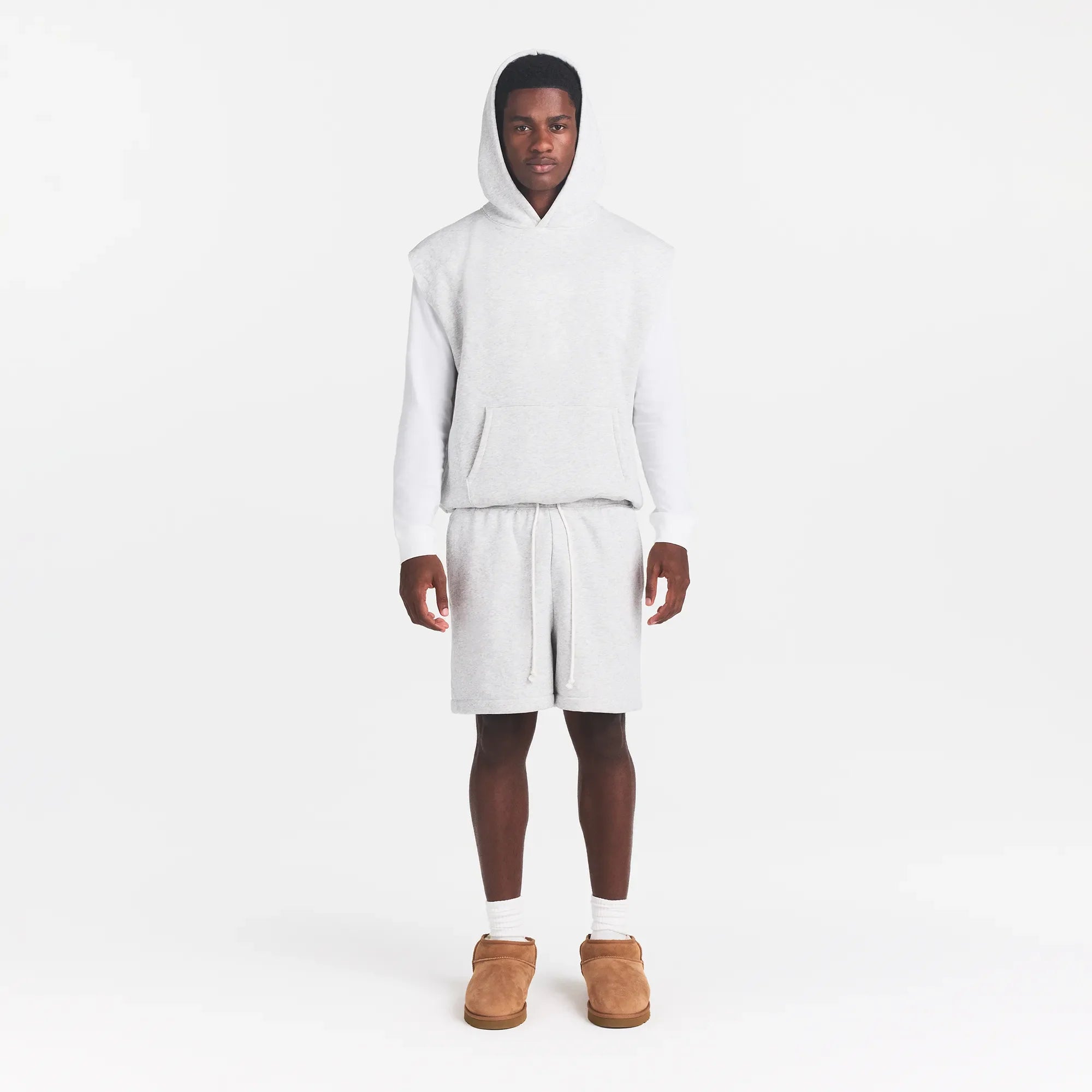 FLEECE LOUNGE MENS SLEEVELESS HOODIE | LIGHT HEATHER GREY