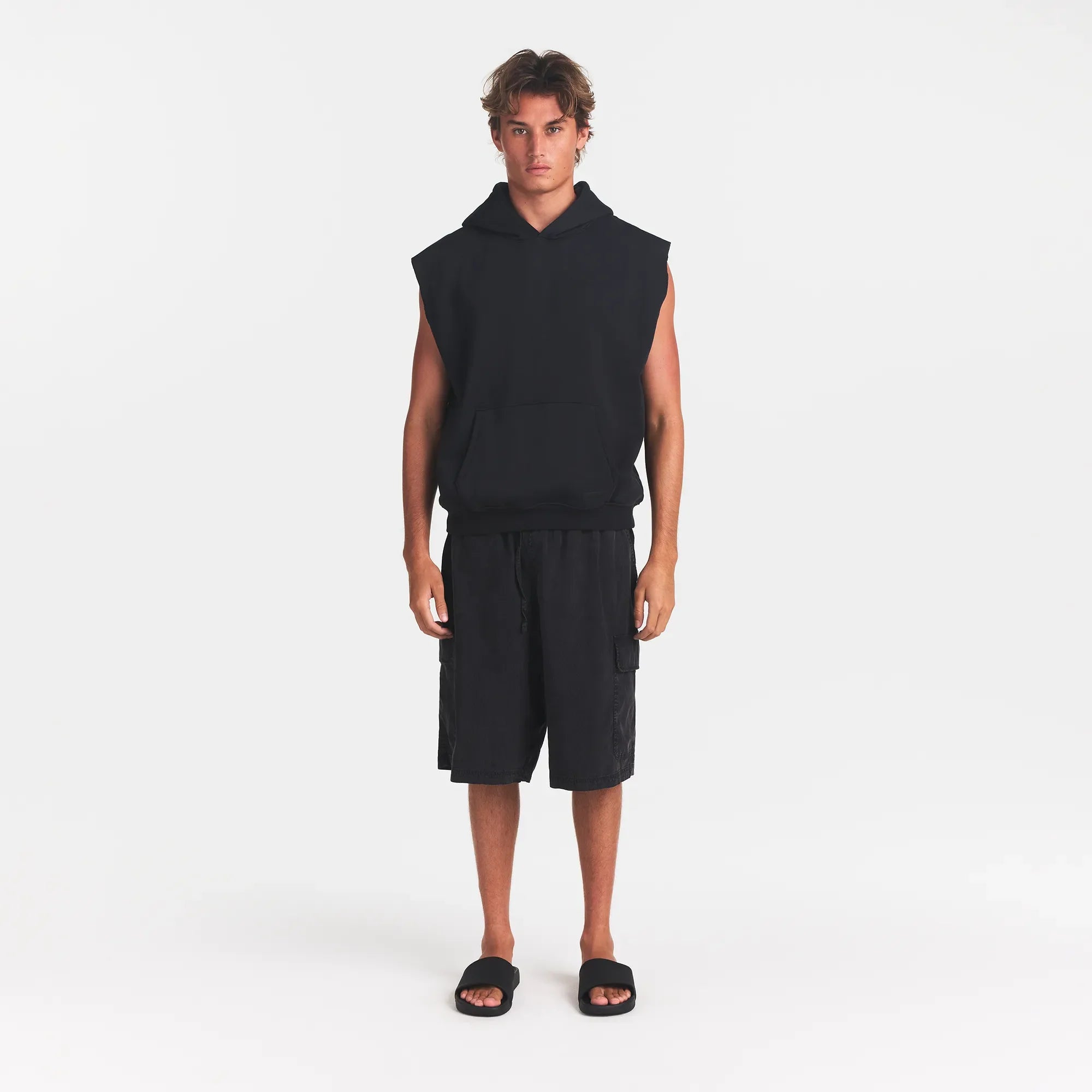 FLEECE LOUNGE MENS SLEEVELESS HOODIE | WASHED ONYX