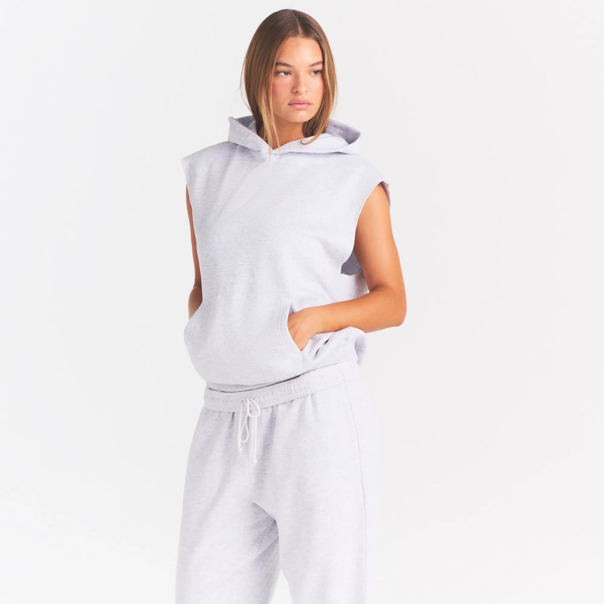 COTTON FLEECE OVERSIZED SLEEVELESS HOODIE | LIGHT HEATHER GREY